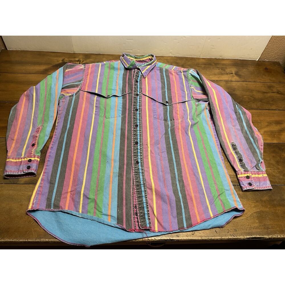 VINTAGE Wrangler Brushpopper Western Shirt X-Long Tails Striped Men 17 1/2-35